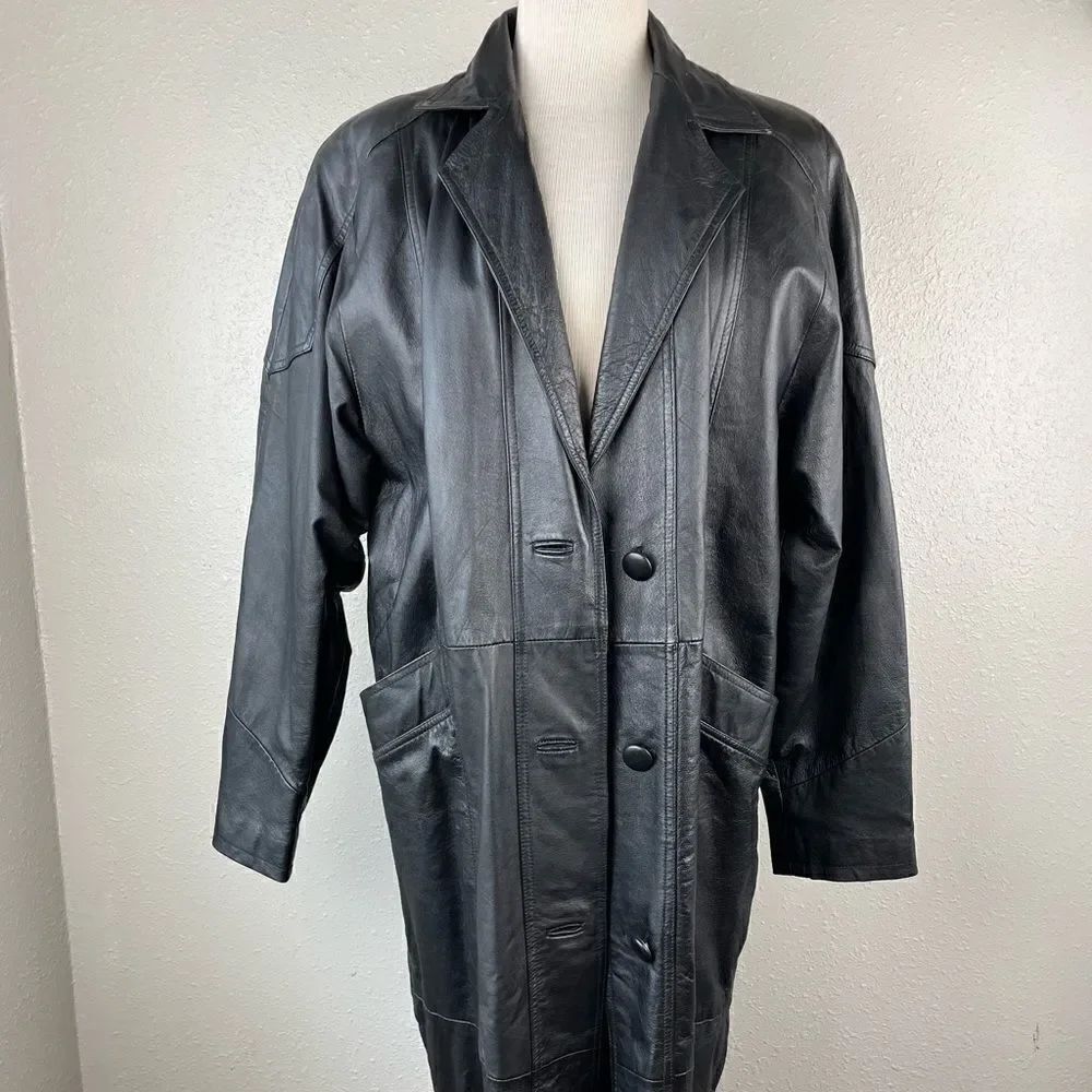 Vintage Bona Bell Black Leather Trench Coat Size M EUC